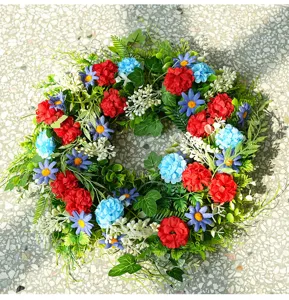 Artificial patriotic flower wreath red white and blue floral door hanging for holiday decor