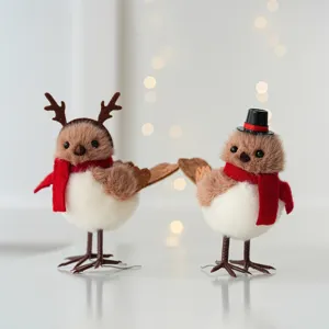 Cute Christmas couple plush birds with red scarf and antlers holiday home desktop decor