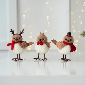 Set of 3 cute Christmas bird figurines with hats and scarves, tabletop holiday home decor