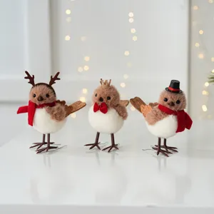 Cute Christmas bird figurines set, plush holiday table decor for home and party layout
