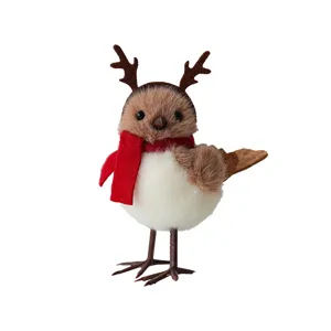 Christmas plush bird figurine with reindeer antlers and red scarf holiday indoor decoration