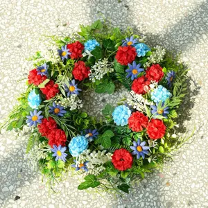 Artificial floral wreath red white blue front door hanging patriotic holiday home decor