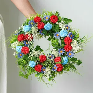 Artificial flower wreath for front door decor, Independence Day patriotic wall hanging floral.