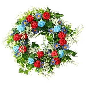 Patriotic artificial flower wreath red white and blue floral wall hanging for front door decoration