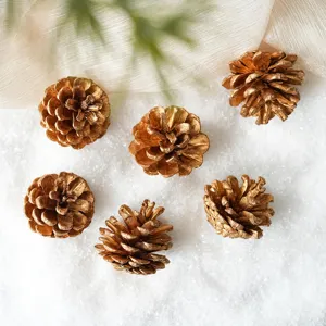 Gold decorative pine cones set of six for Christmas wreath and holiday home decoration