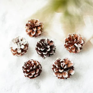 Christmas decorative artificial pine cones with snow-tipped design for holiday wreaths and home decor.