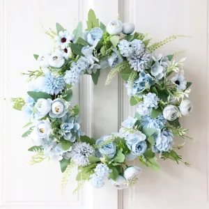 Beautiful blue artificial peony hydrangea flower wreath for home wall decor and wedding party.