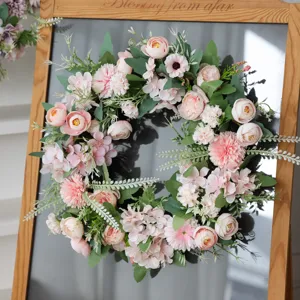 Artificial pink peony hydrangea flower wreath for home decor wedding party hanging decoration