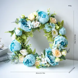 Lente kunstmatige pioenroos bloemenkrans voor voordeur decoratie, bruiloft hangende krans 40cm