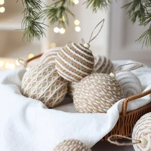 Adornos navideños nórdicos para árbol, bolas de espuma envueltas en cuerda de yute y algodón 8cm.