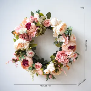 Kunstmatige pioenroos bloemen krans voor voordeur bruiloft huis lente decoratie 40cm