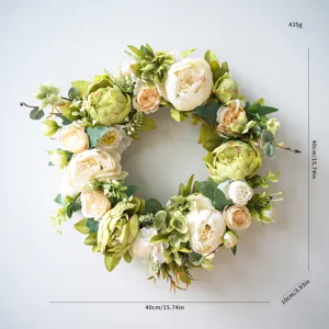 Kunstmatige pioenroos bloemen krans voor voordeur bruiloft lente huis decoratie 40cm