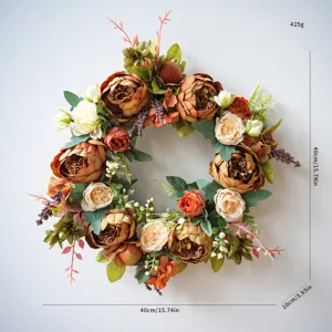 Kunstmatige herfst pioenroos en roos bloemenkrans voor voordeur bruiloft huis wanddecoratie 40cm
