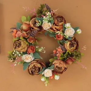 Kunstmatige pioenroos rozen krans voor voordeur decor, vintage herfst bloem hangende decor.