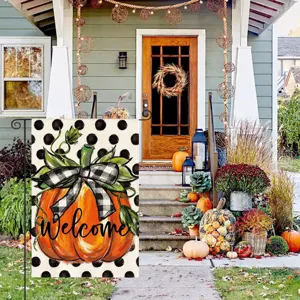 Outdoor autumn linen garden flag featuring a cute pumpkin and welcome print for yard decor.