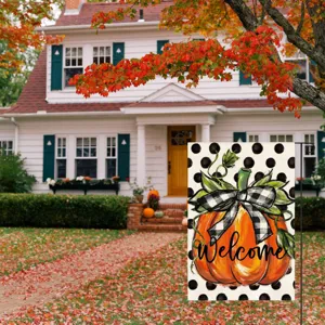 Autumn pumpkin garden flag with black white check bow and welcome text for outdoor yard decor.