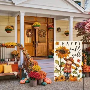 Outdoor autumn garden flag featuring scarecrow and sunflower for yard decoration.