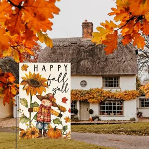 Double-sided autumn garden flag with scarecrow and sunflower design for outdoor yard decor.