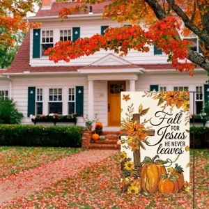 Outdoor autumn garden flag with pumpkin cross print, durable double-sided linen yard decoration.