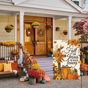 Autumn garden flag with cross and pumpkins outdoor decorative yard banner double sided