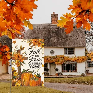 Detail view of the fall garden flag featuring religious Jesus quote and autumn pumpkin design.