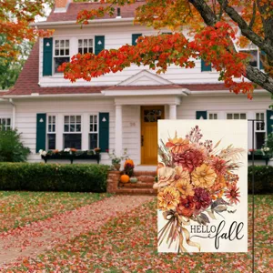 Autumn garden flag with floral bouquet design, double sided linen fabric yard decor detail.