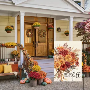 Double-sided printed linen garden flag with autumn floral watercolor design for outdoor yard decor.