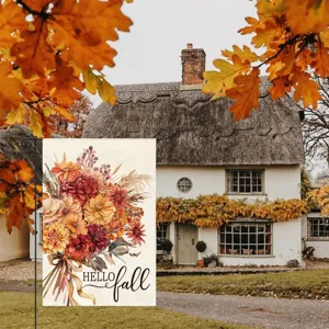 Autumn garden flag double-sided printed linen yard banner for outdoor fall seasonal decor.