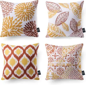 Set of 4 autumn decorative throw pillow covers featuring abstract floral and geometric leaf print.