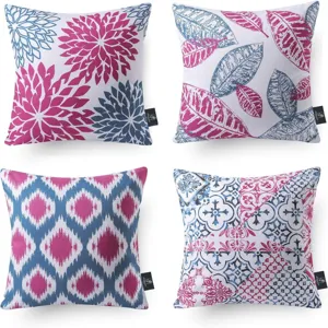 Set of 4 decorative throw pillow covers featuring abstract floral, leaf, and geometric prints.