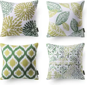 Decorative throw pillow covers set of 4, green botanical leaf and geometric patterns for sofa.