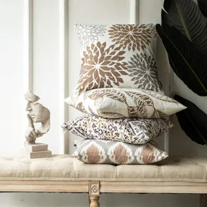 Decorative pillow covers detailed scene showcasing abstract floral and geometric print designs.