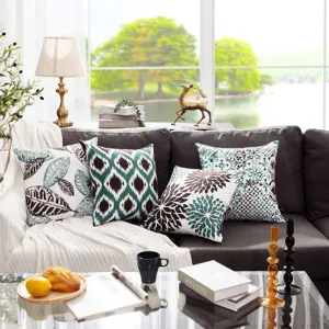 Geometric and floral printed pillow cover detail shot showing texture and various pattern designs.