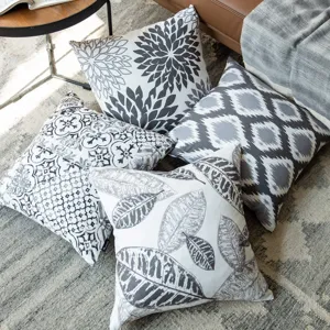Gray white throw pillow covers set, abstract leaf and geometric patterns for sofa.