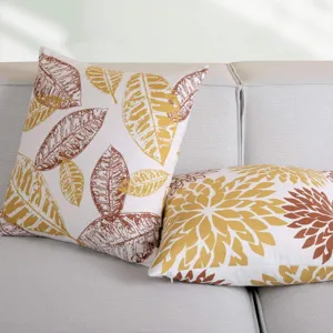 Abstract leaf and floral print cushion covers for modern sofa decoration, soft peach skin velvet.