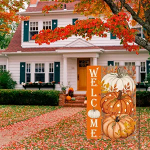 Detailed view of the autumn pumpkin garden flag outdoors, featuring lovely seasonal decor.