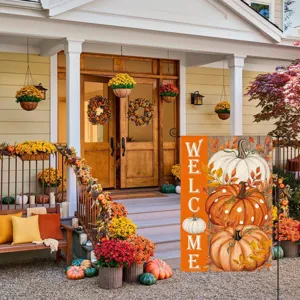 Autumn garden flag with pumpkin print, perfect for outdoor yard and fall holiday party decor.