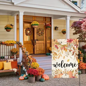 Charming autumn garden flag featuring pumpkin and maple leaf print for outdoor yard decoration.