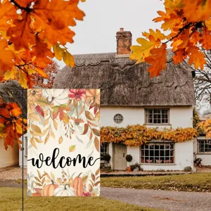 Autumn garden flag outdoor decoration detail showing vibrant maple leaves and pumpkins design.