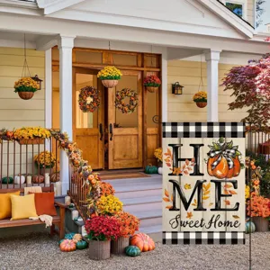 Fall garden flag featuring cute pumpkin and buffalo check pattern for autumn outdoor porch decor.