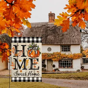 Fall garden flag with black white buffalo plaid pumpkin design, rustic autumn yard decor.