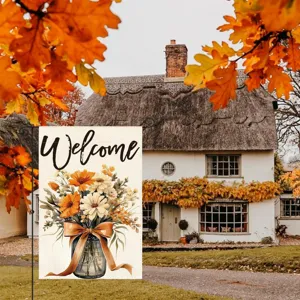 Autumn garden flag scene detail featuring watercolor fall flowers and welcome text print.