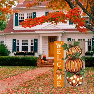 Autumn pumpkin garden flag detail showcasing vibrant print quality and durable fabric.