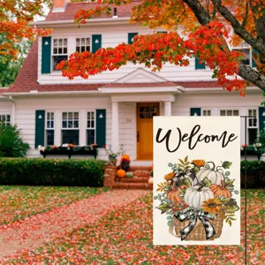 Autumn garden flag with pumpkin and sunflower print, perfect for outdoor yard and home decor.