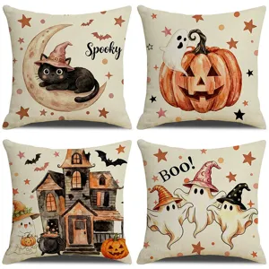 Lot de 4 housses de coussin d'Halloween avec fantômes mignons et citrouilles pour décor effrayant.