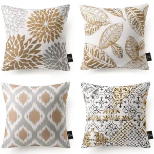 Set of 4 decorative throw pillow covers featuring geometric, abstract floral, and leaf prints.