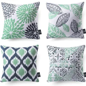 Decorative throw pillow cover set of 4, abstract floral and green leaf cushion case for sofa.