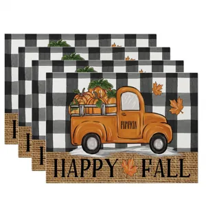 Autumn buffalo plaid placemats set of 4 fall harvest pumpkin vintage truck table mats decor