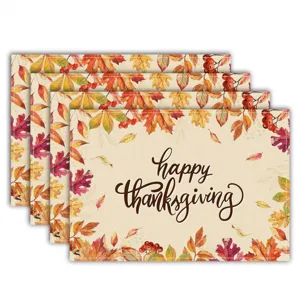 Autumn Thanksgiving placemat set with maple leaf print, rustic linen kitchen table decor.