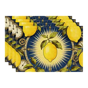 Details of the vintage lemon and gear pattern table placemat, showing fine fabric texture and edges.